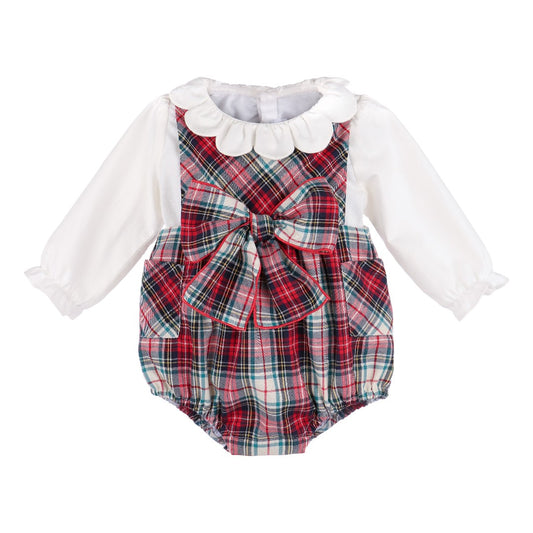 Gingerbread Plaid Bow Overall