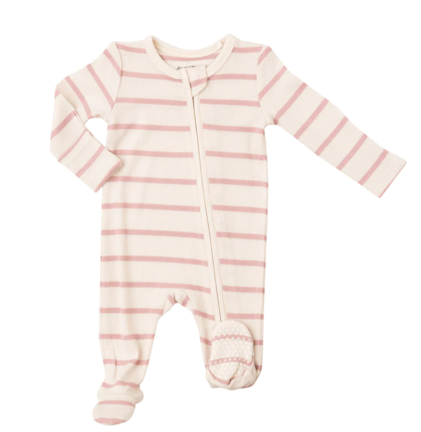 Silver Pink Stripe Rib Zipper Footie