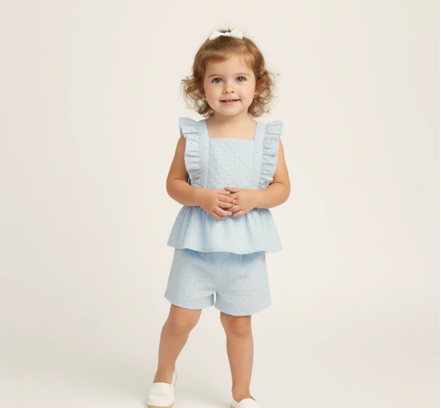 Organic Flutter Shorts Set-Lt Bl Eyelet