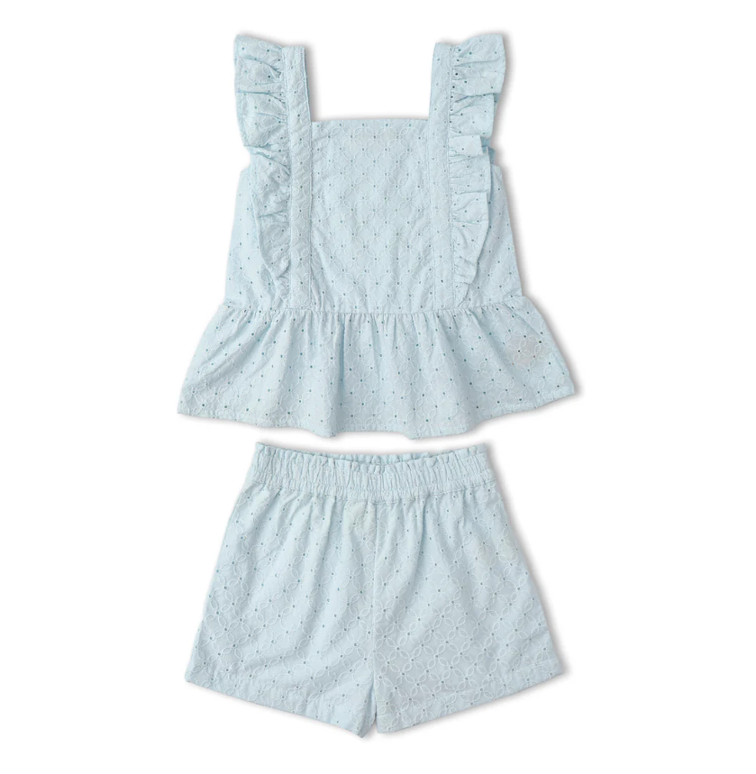 Organic Flutter Shorts Set-Lt Bl Eyelet
