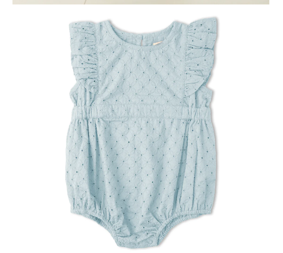 Organic Eyelet Flutter Romper-Lt Blue