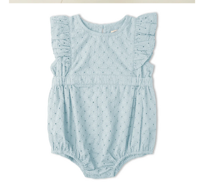 Organic Eyelet Flutter Romper-Lt Blue