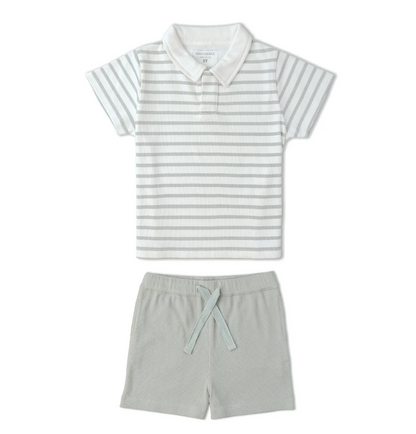 Organic Collar Tee & Shorts Set - Fog Stripes