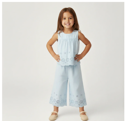 Organic Eyelet Pant Set-Lt Blue