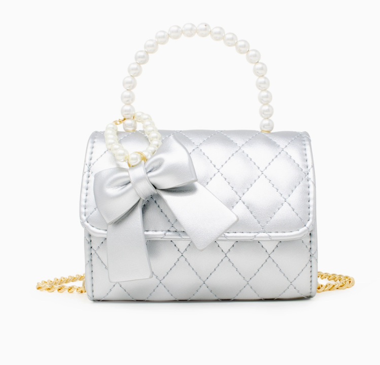 Quilted Pearl Handle Bow Ribbon Handbag