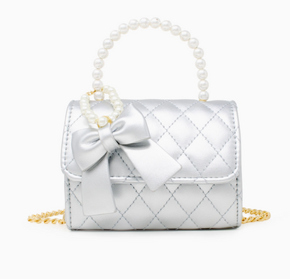 Quilted Pearl Handle Bow Ribbon Handbag