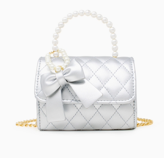 Quilted Pearl Handle Bow Ribbon Handbag
