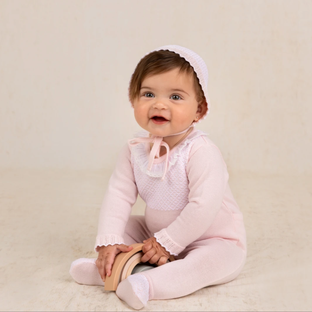 Jacquard Ruffled Knit Romper & Bonnet-6034