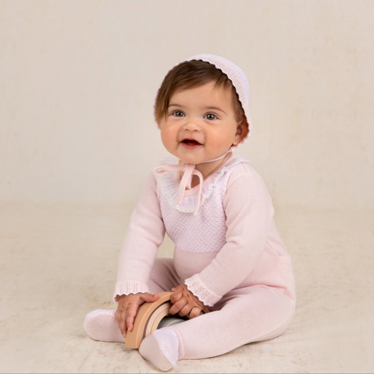 Jacquard Ruffled Knit Romper & Bonnet-6034