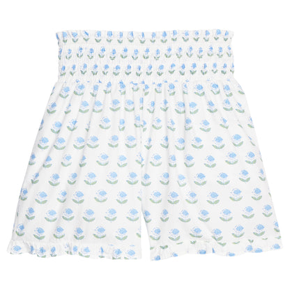 Shirred Shorts-Blue Tulip Print