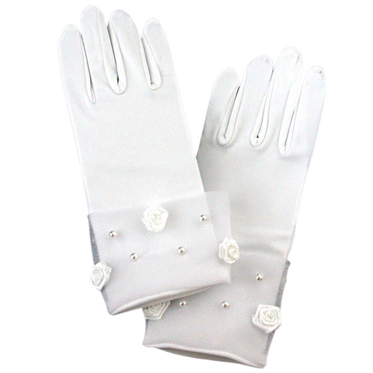 Satin Gloves W/ Rosette & Pearl Accents