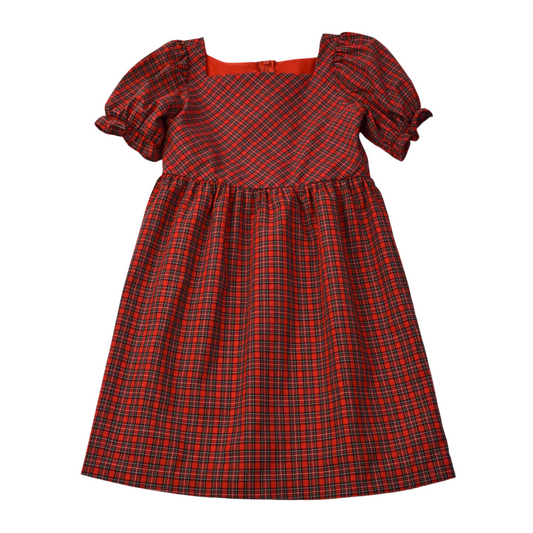 Red Plaid Puff Sleeve Dress