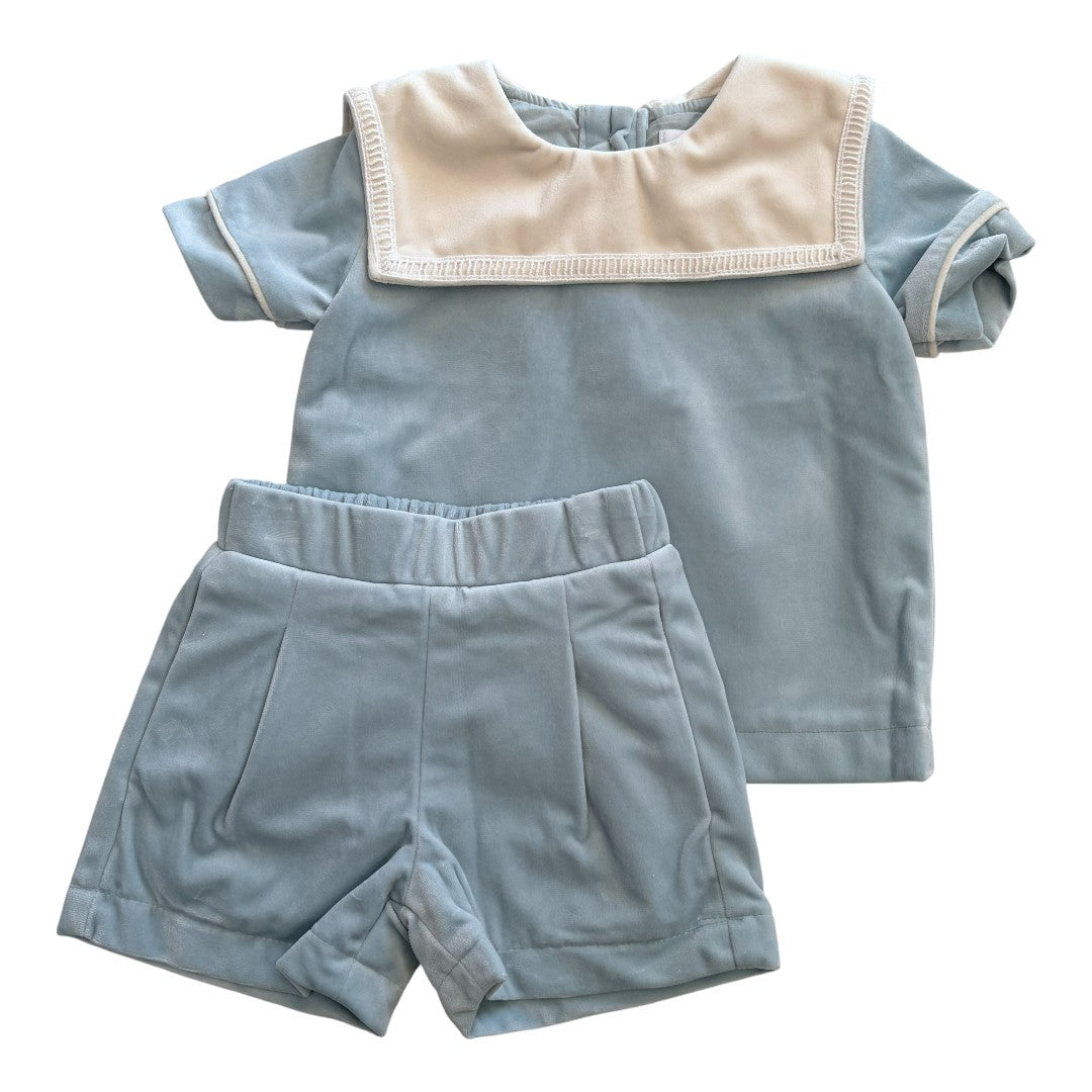 Ice Blue Velvet Collar Short Set