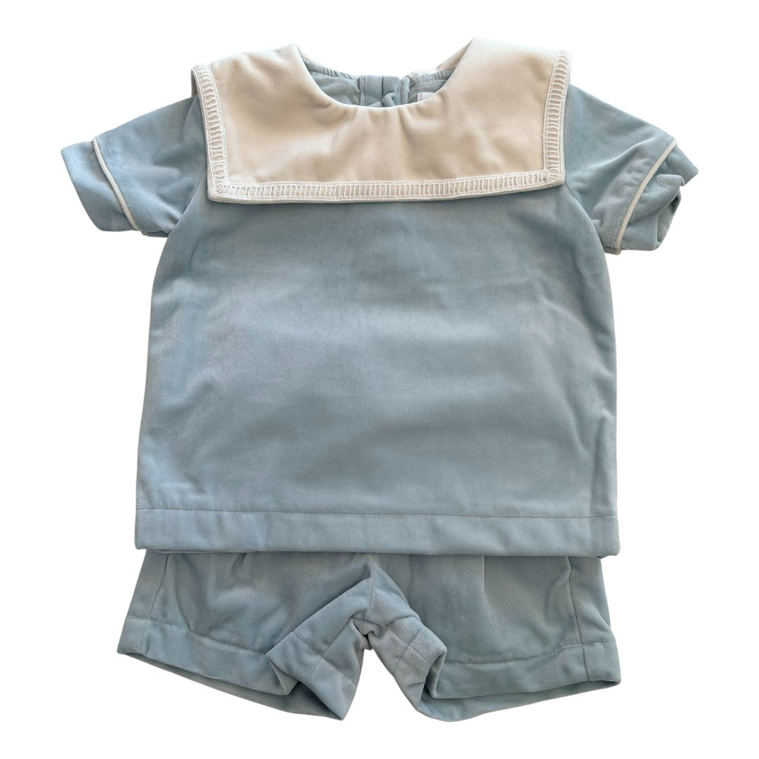 Ice Blue Velvet Collar Short Set