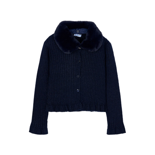 Faux Fur Collar Cardigan - Navy