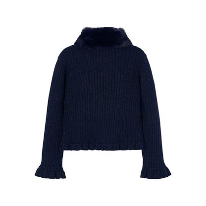 Faux Fur Collar Cardigan - Navy