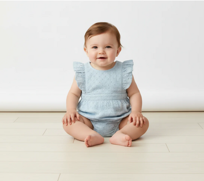 Organic Eyelet Flutter Romper-Lt Blue