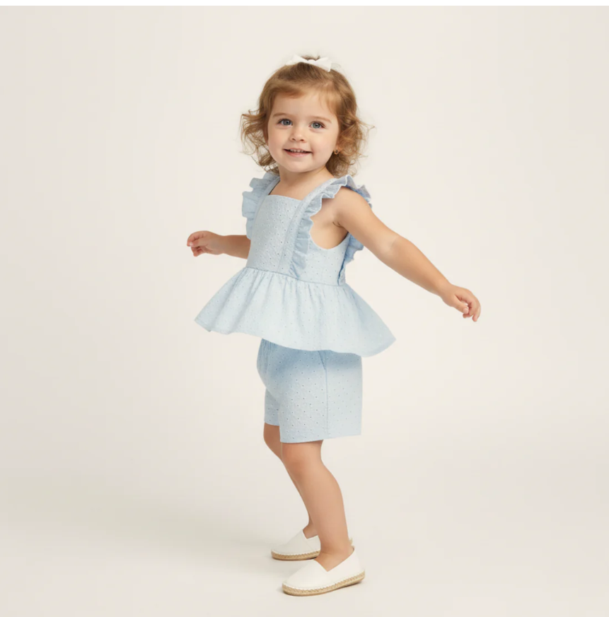 Organic Flutter Shorts Set-Lt Bl Eyelet