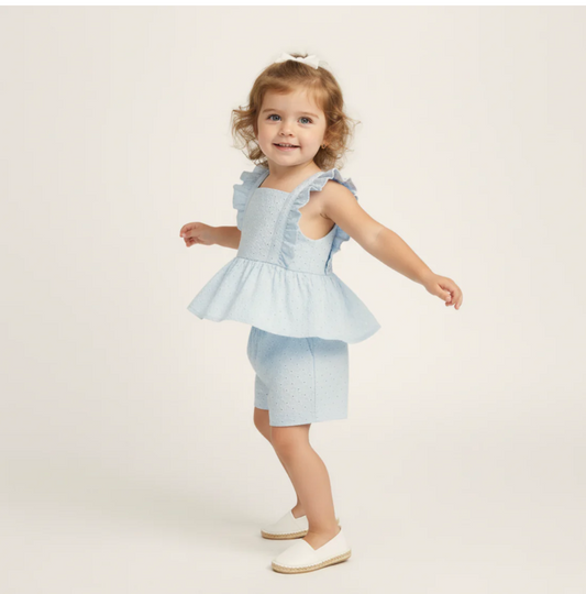 Organic Flutter Shorts Set-Lt Bl Eyelet