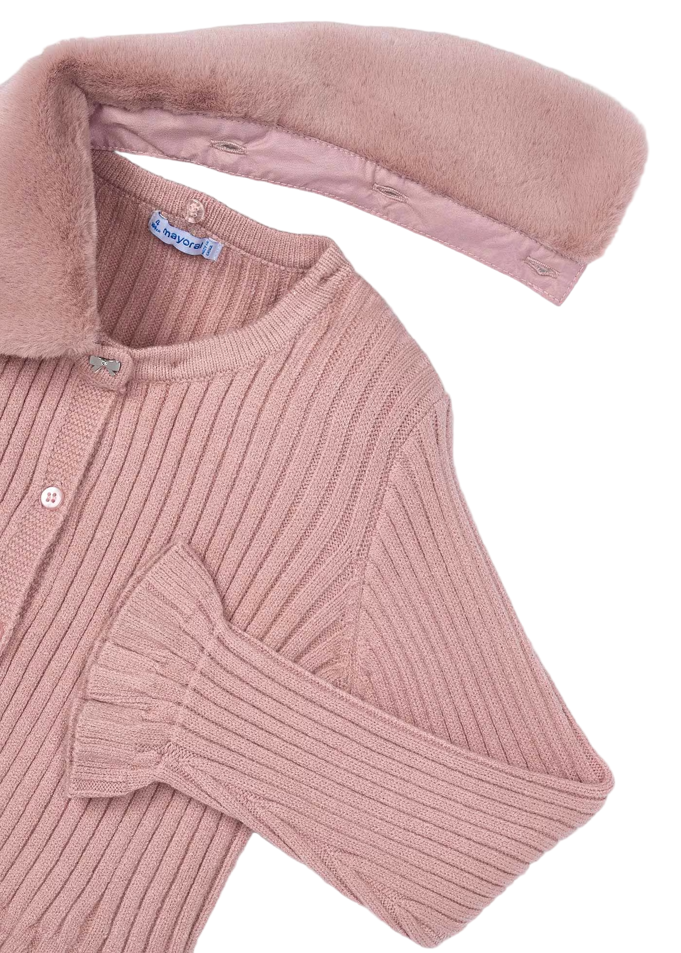 Faux Fur Collar Cardigan - Rose