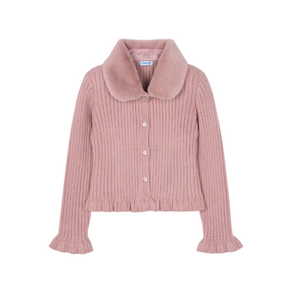 Faux Fur Collar Cardigan - Rose