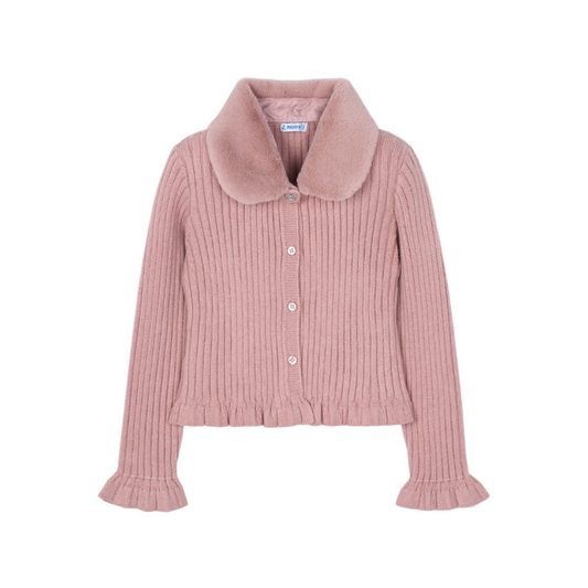 Faux Fur Collar Cardigan - Rose