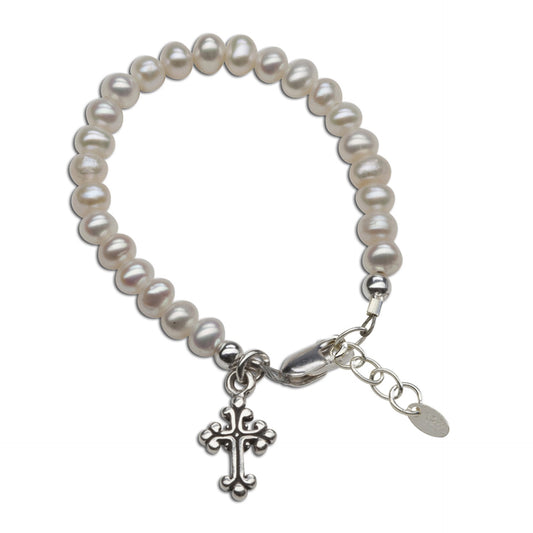 Olivia - Silver Pearl Cross Bracelet