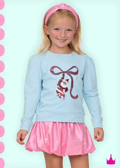 Lt Bl Sweatshirt-Sequin Santa Bow