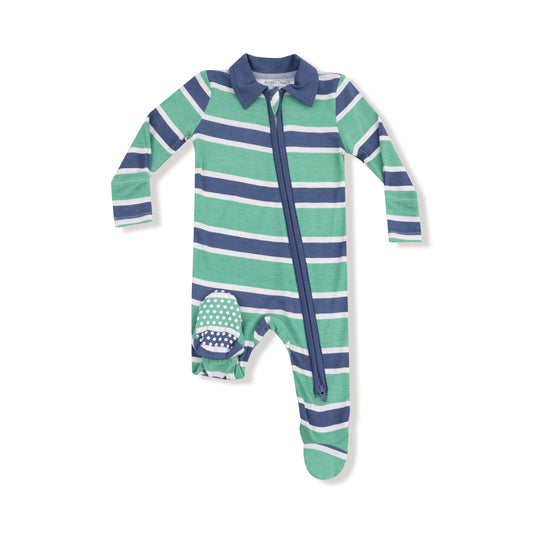 Green/Navy Stripe - Polo Zip Footie