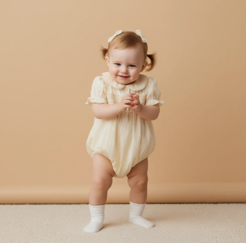 Organic Smocked Button Romper - Butter Yellow
