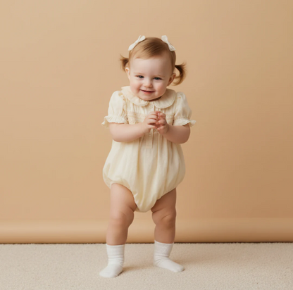 Organic Smocked Button Romper - Butter Yellow
